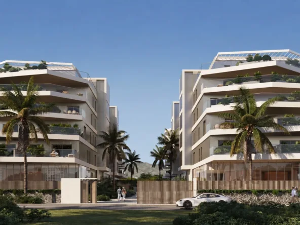 Architectural visualisation of the residential buildings and landscaped entrance