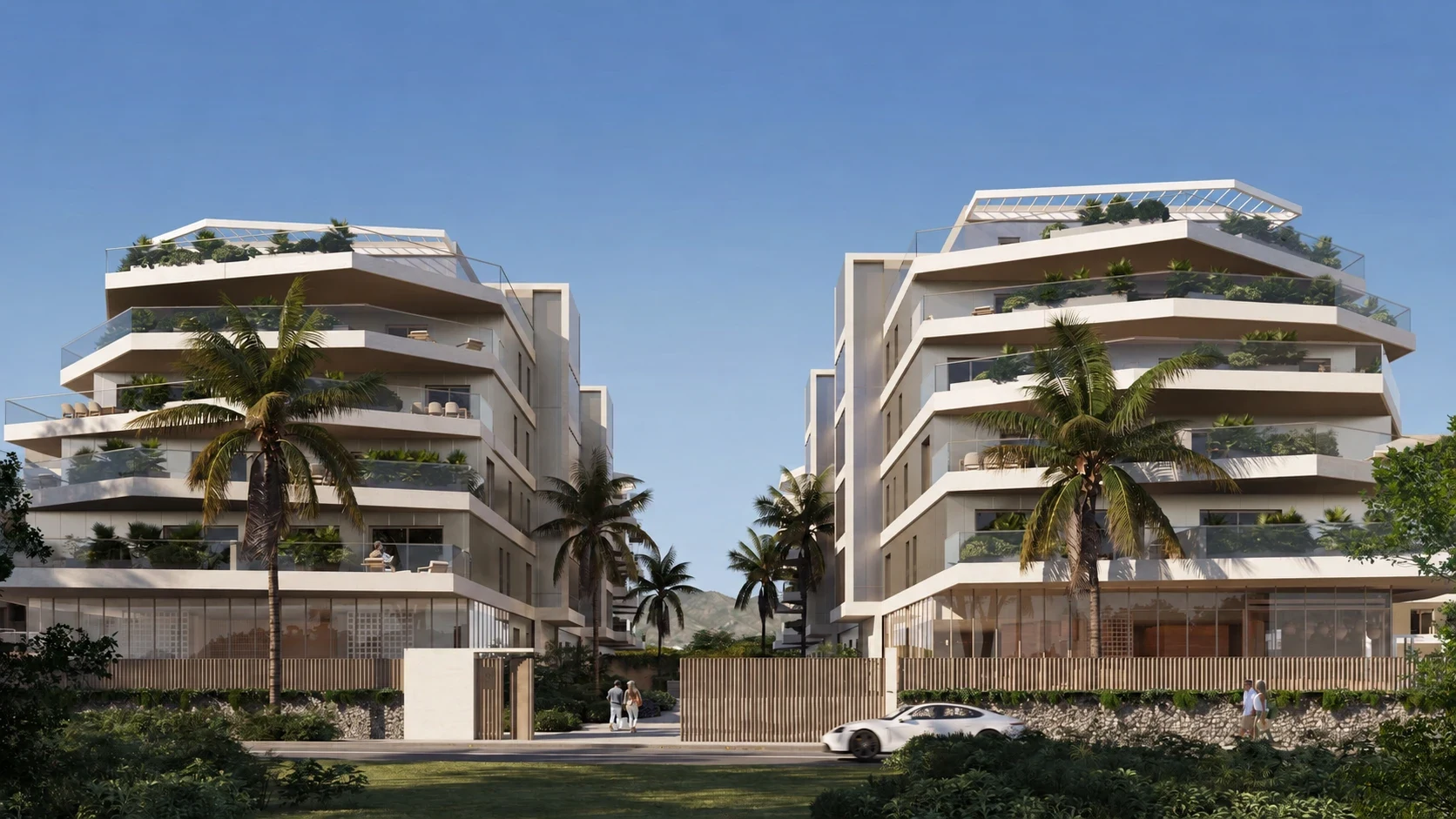 Architectural visualisation of the residential buildings and landscaped entrance