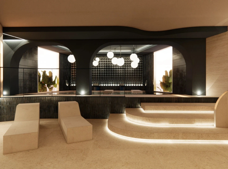 Illustrative communal spa with indoor swimming pool