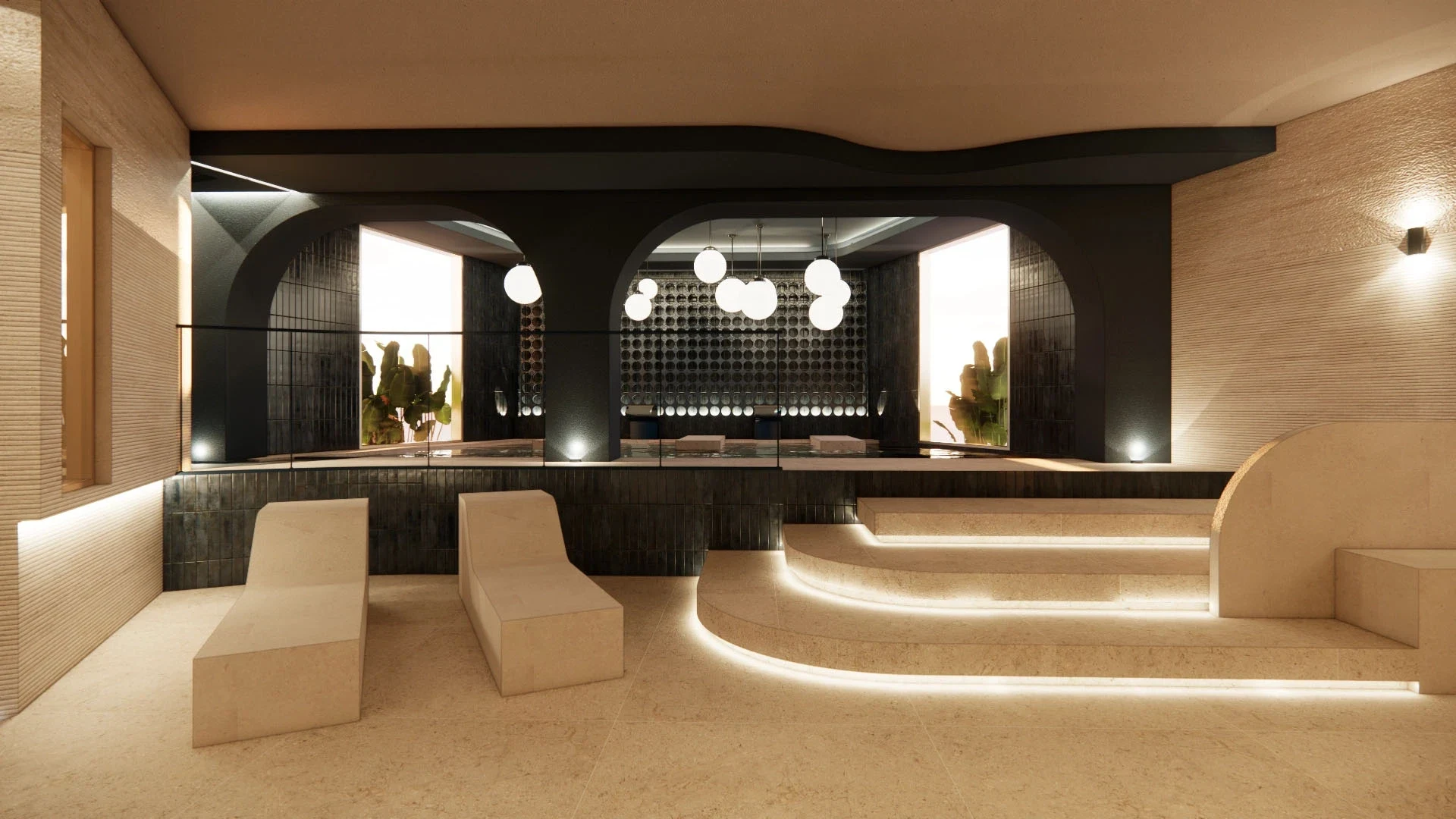 Illustrative communal spa with indoor swimming pool