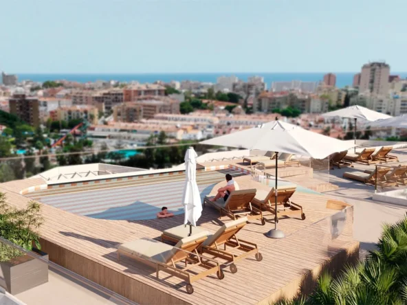 Architectural visualisation of the communal rooftop pool and sun terrace