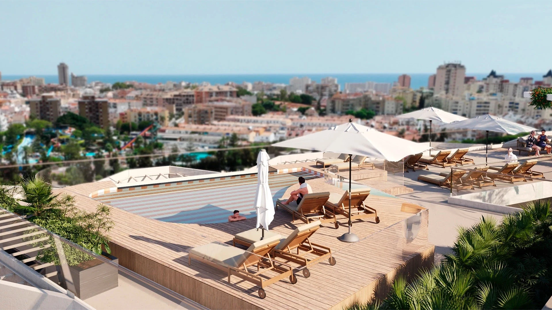 Architectural visualisation of the communal rooftop pool and sun terrace