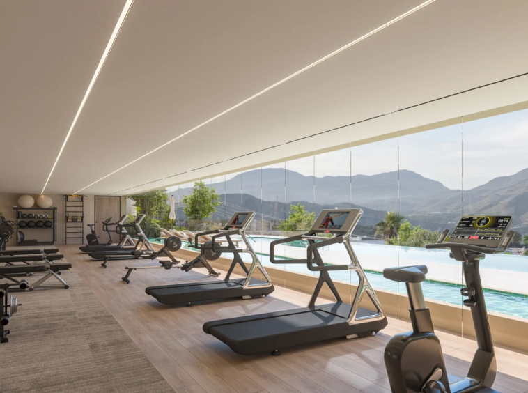 Illustrative communal gym overlooking the pool in Las Mesas