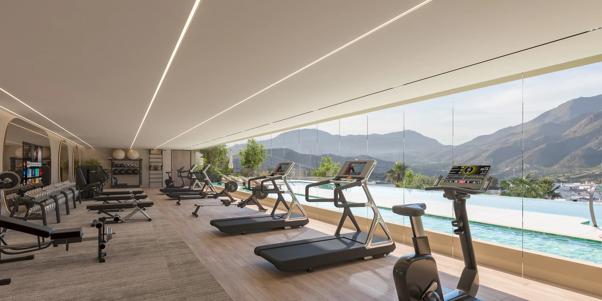 Illustrative communal gym overlooking the pool in Las Mesas