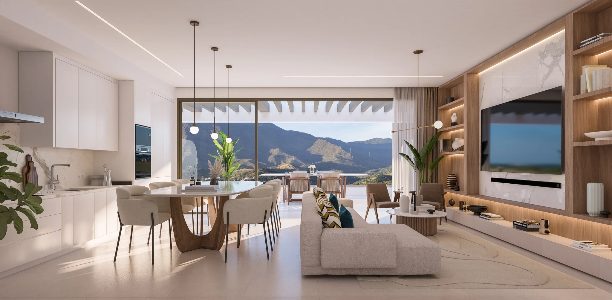 Illustrative open-plan living room and kitchen in Las Mesas, Estepona