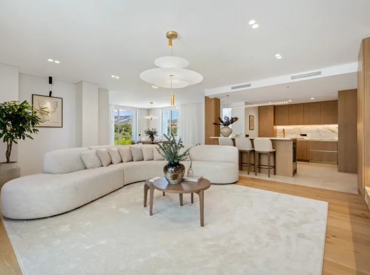 Open-plan living room with fitted kitchen