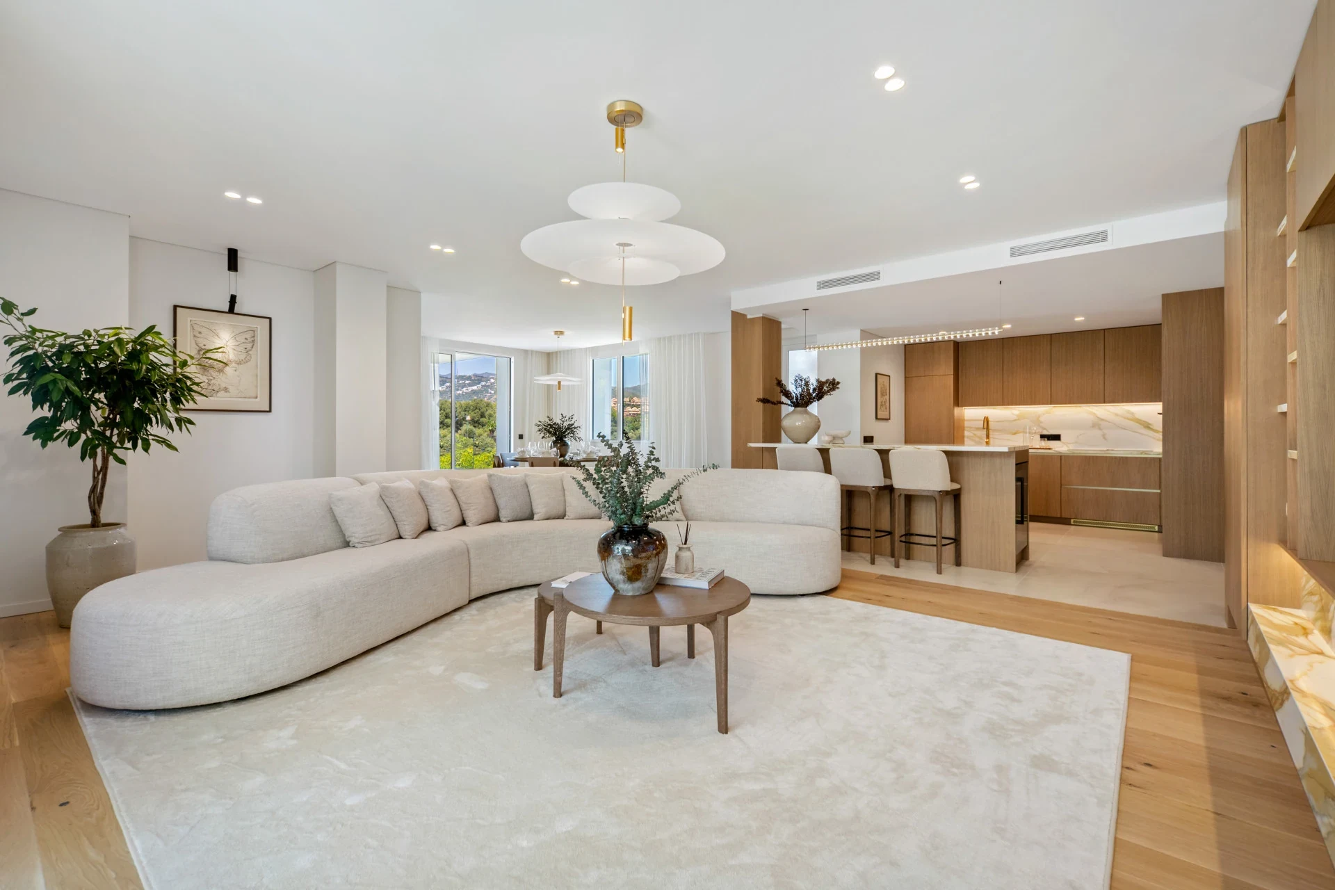 Open-plan living room with fitted kitchen