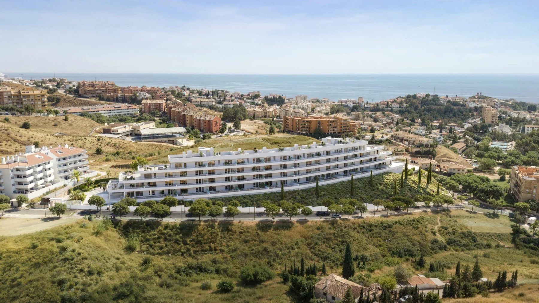 Aerial illustration of contemporary apartments in Los Pacos, Fuengirola