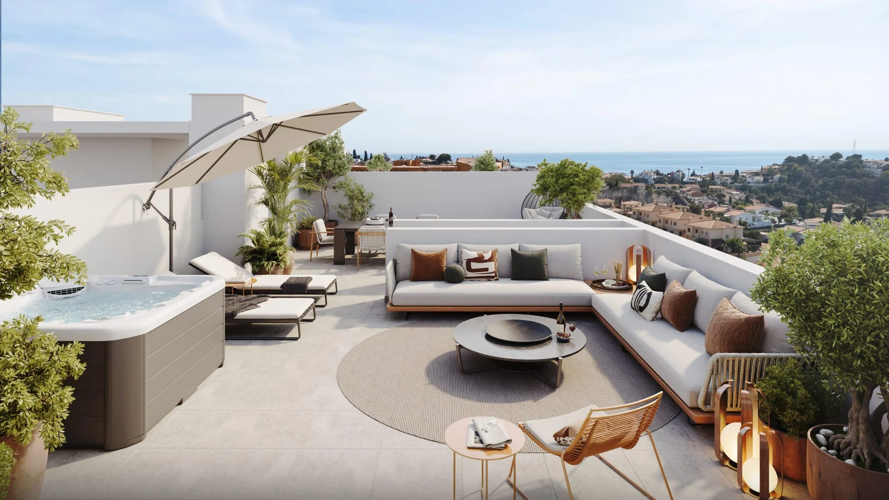Illustrative penthouse solarium with hot tub