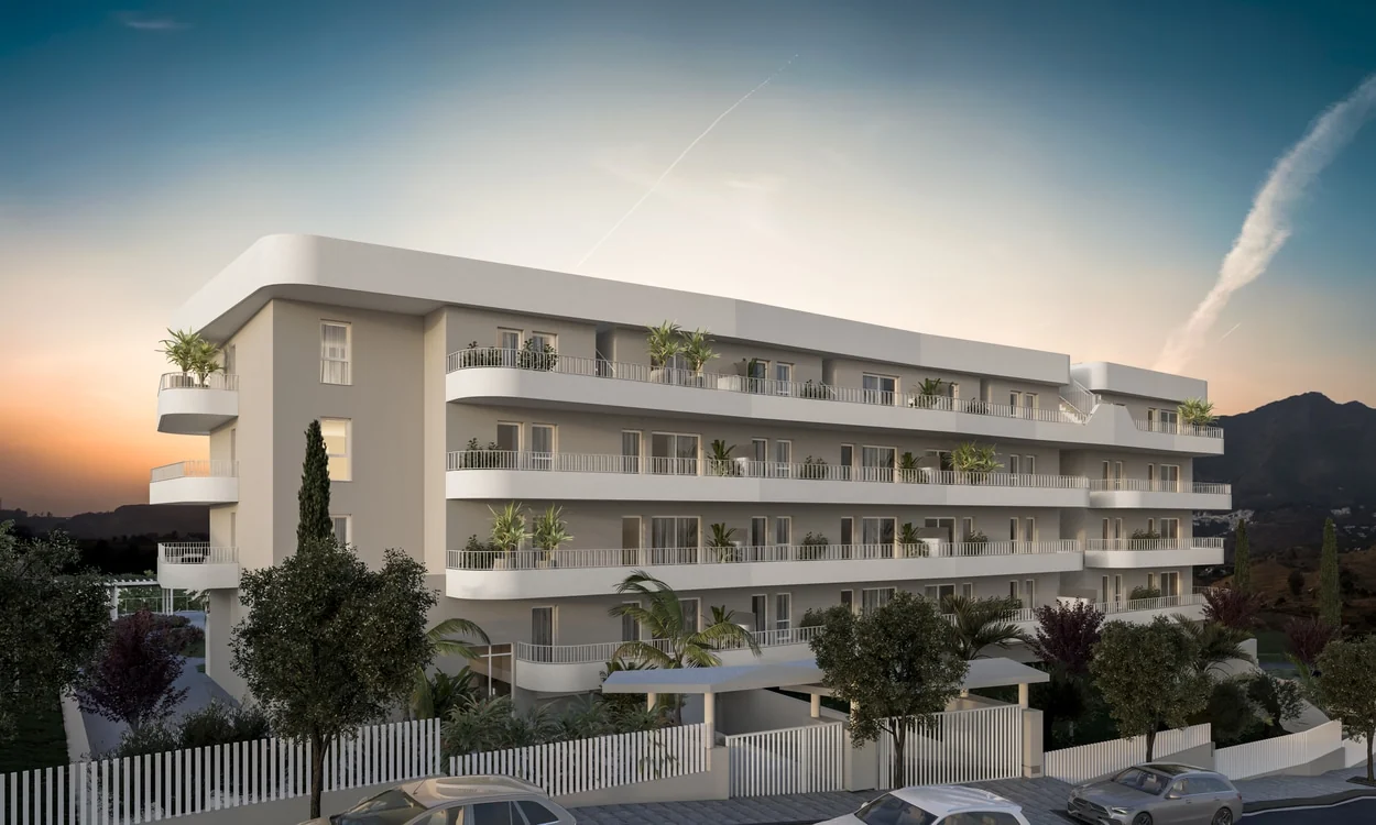 Residential building at dusk — illustration