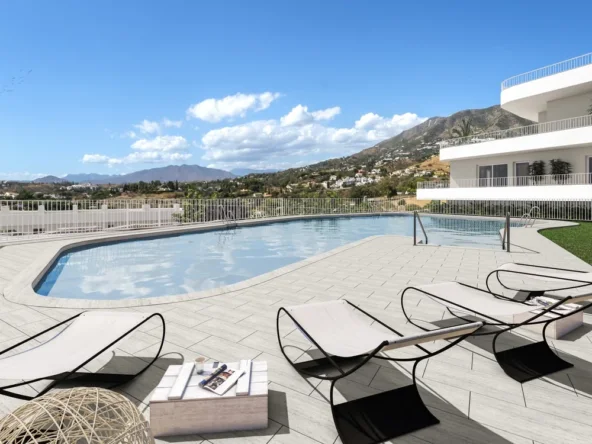 Communal swimming pool and sun loungers — illustration