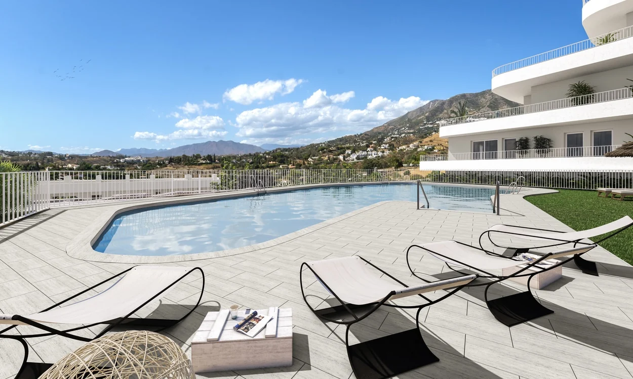 Communal swimming pool and sun loungers — illustration
