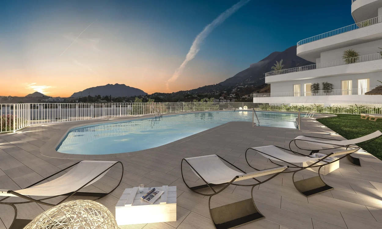 Communal pool at sunset — illustration