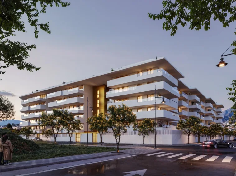 Exterior approach to contemporary apartments in Los Pacos — illustration