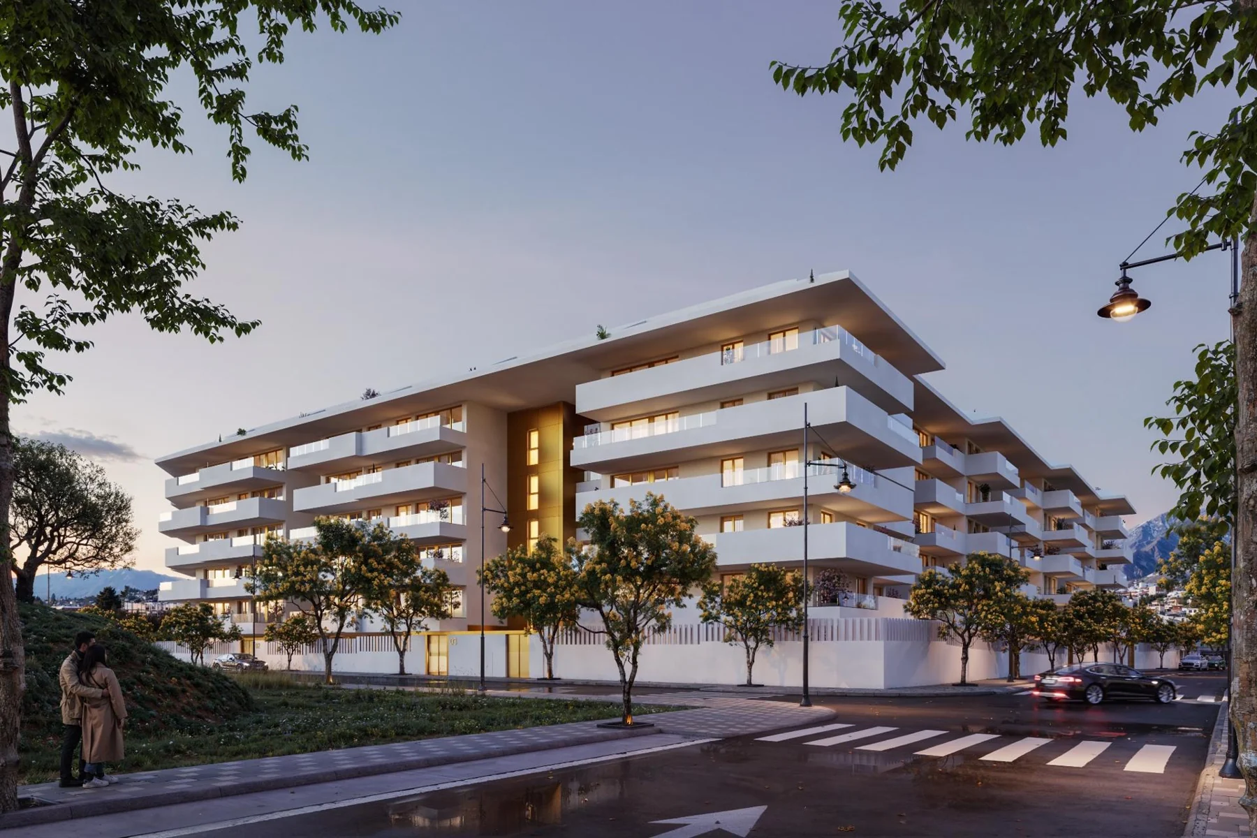 Exterior approach to contemporary apartments in Los Pacos — illustration