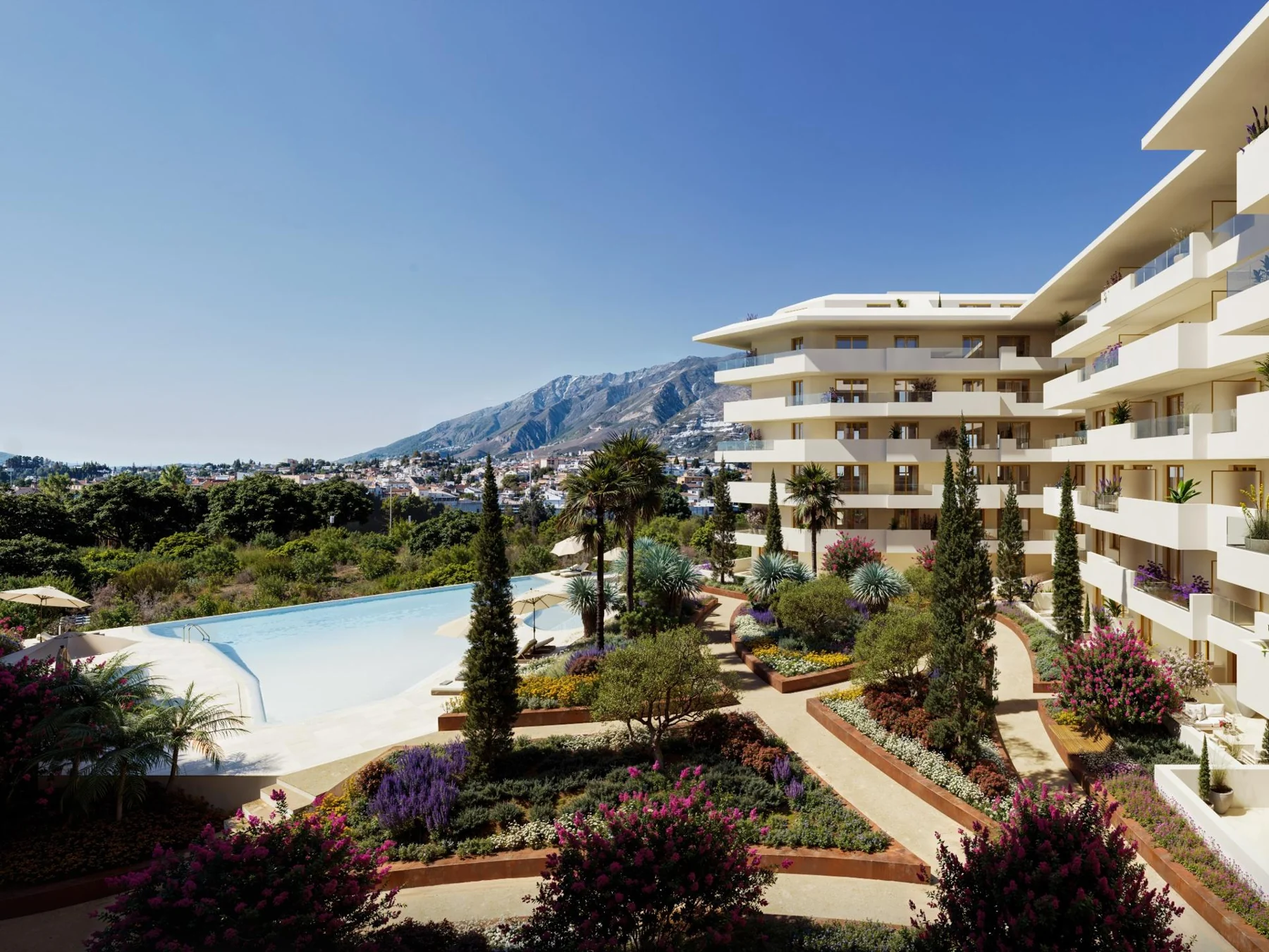 Landscaped communal gardens and pool in Los Pacos — illustration