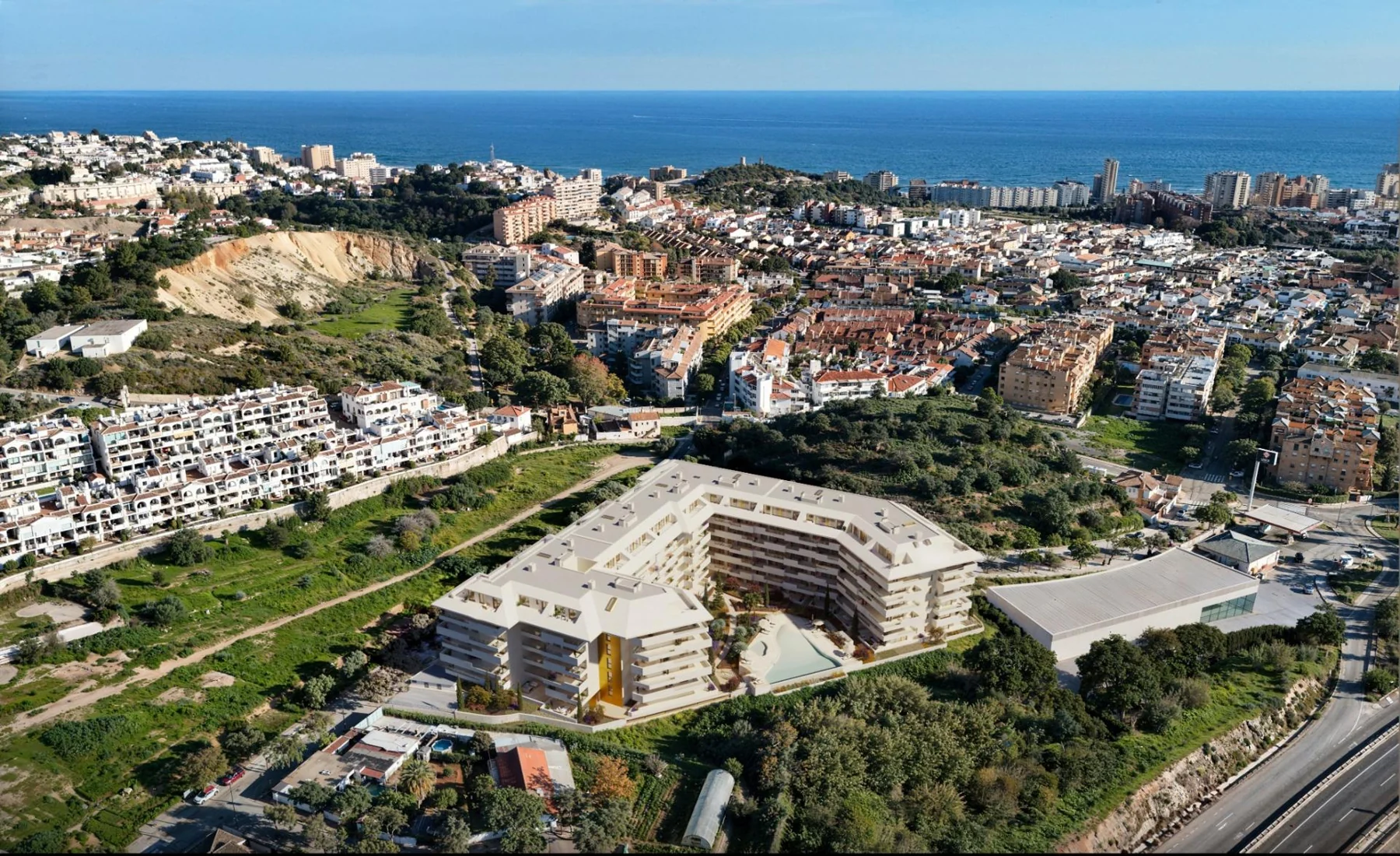 Aerial illustration of the residence and surrounding Fuengirola neighbourhood