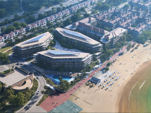 Architectural aerial visualisation of beachfront residences in La Duquesa