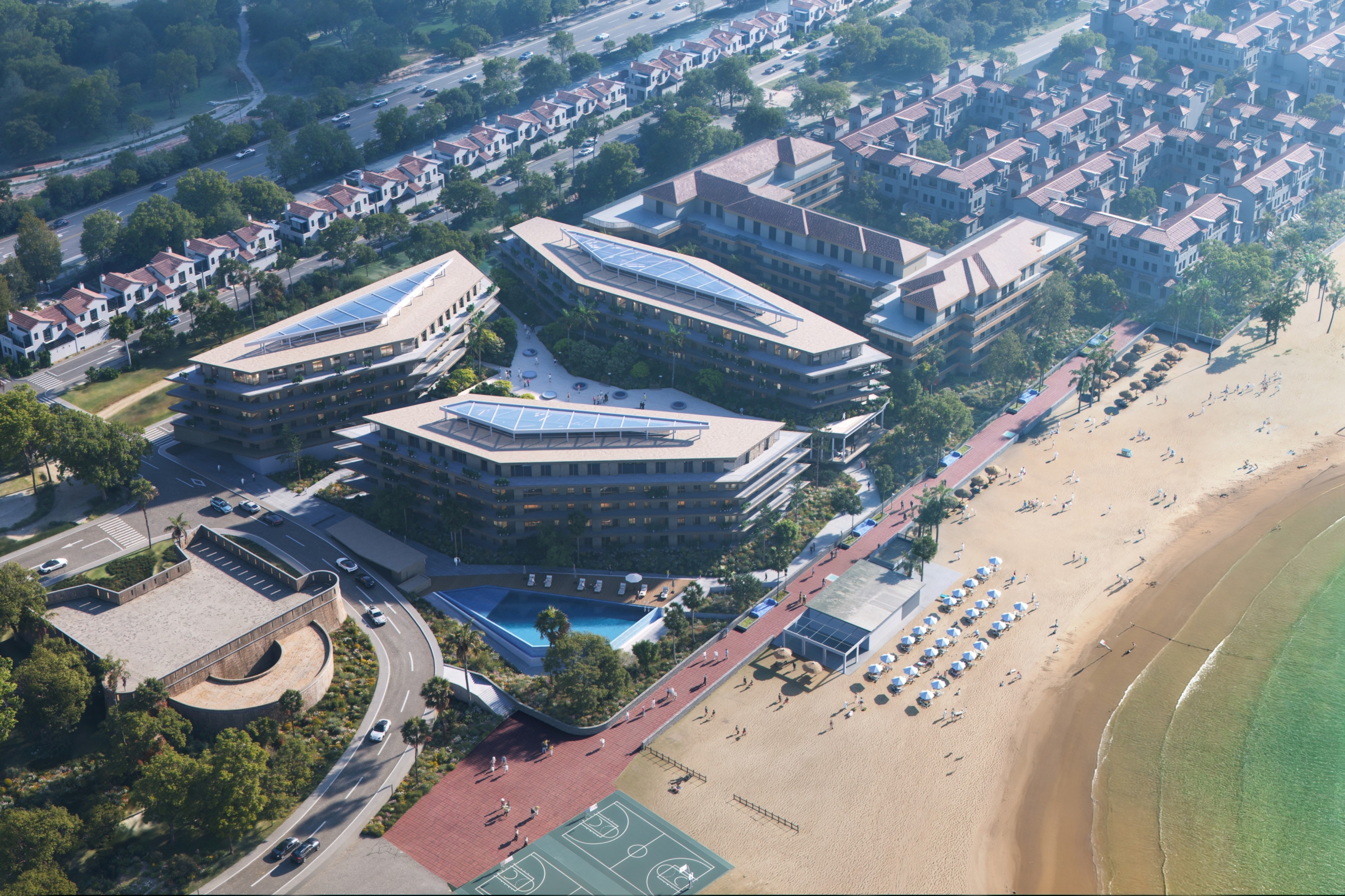 Architectural aerial visualisation of beachfront residences in La Duquesa