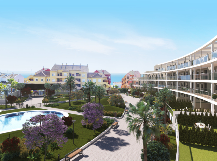 Illustrated apartment buildings around shared gardens