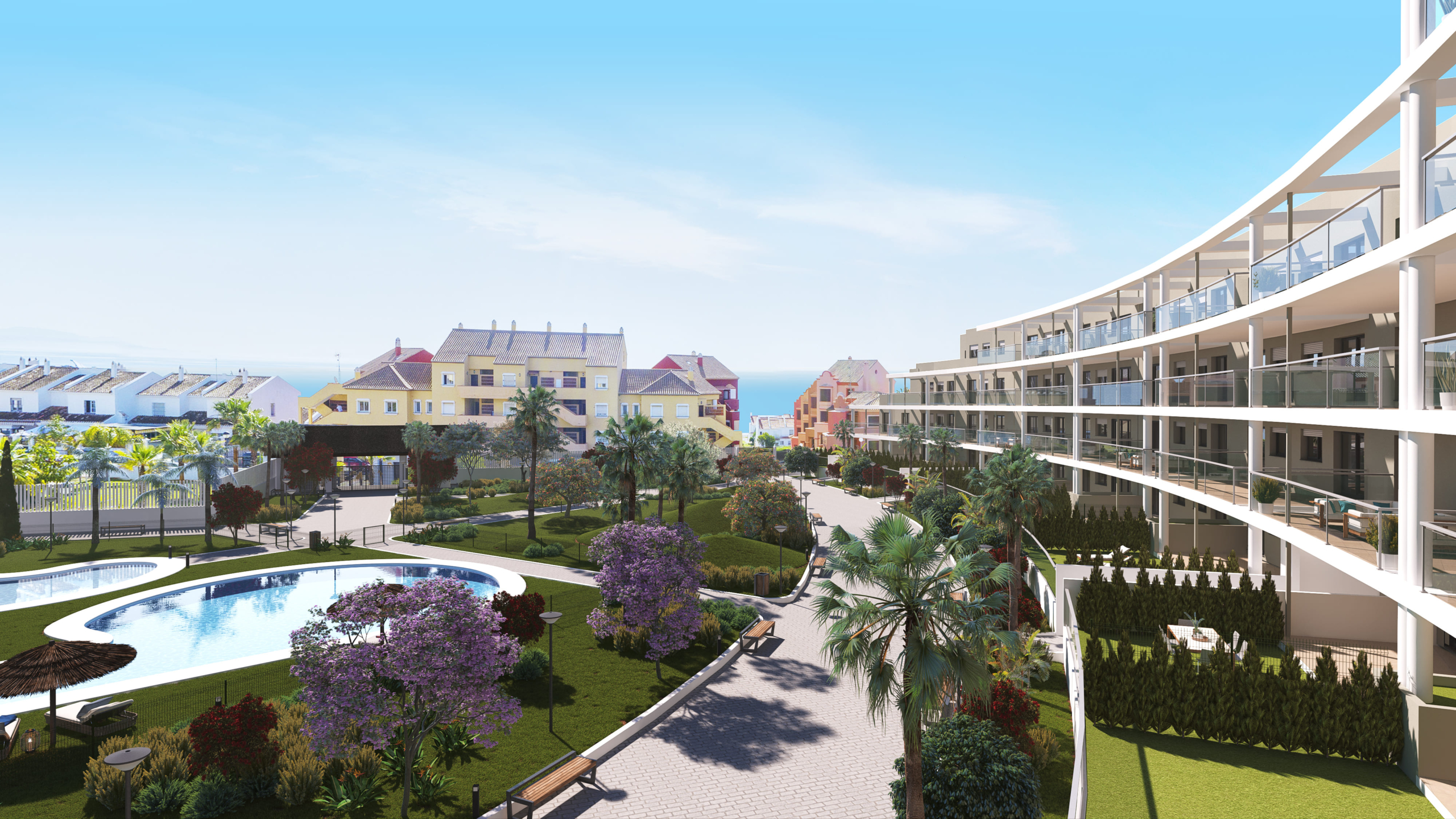 Illustrated apartment buildings around shared gardens