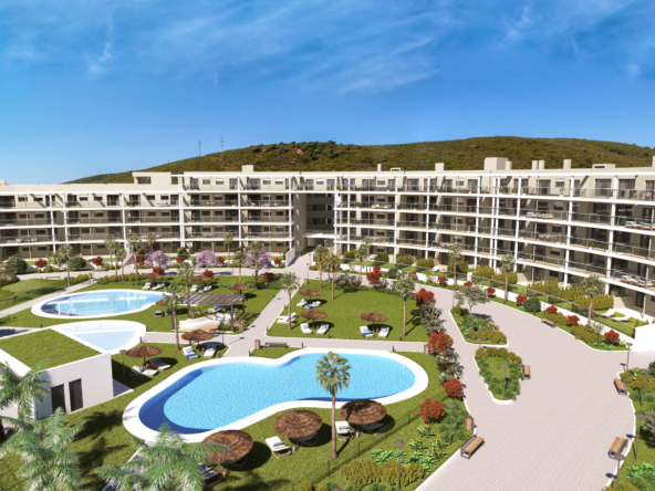 Architectural overview of the communal swimming pools and gardens