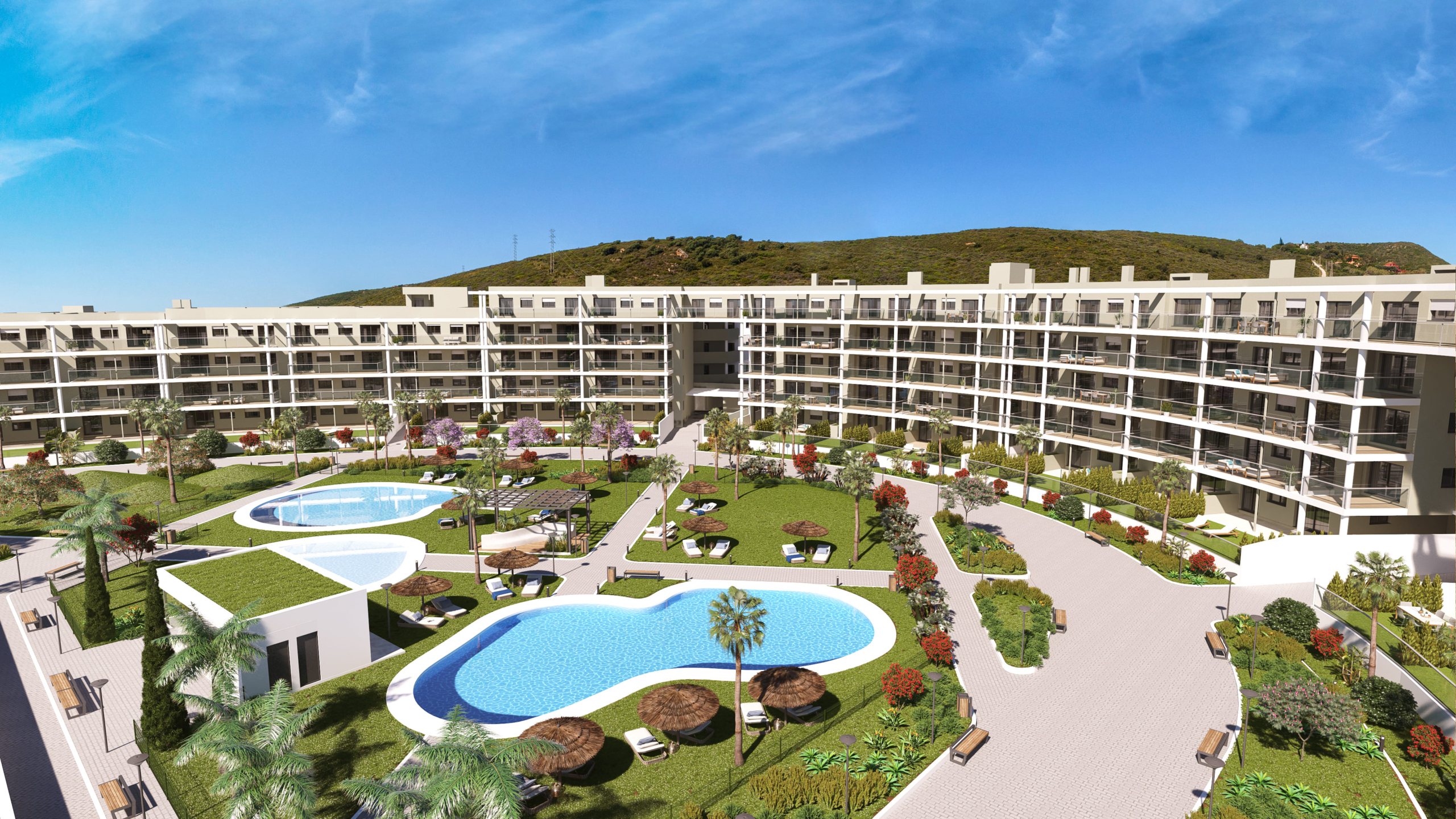 Architectural overview of the communal swimming pools and gardens