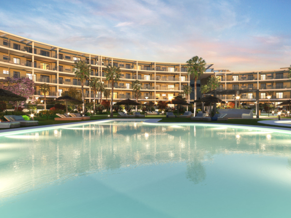 Illustrated communal swimming pool at dusk