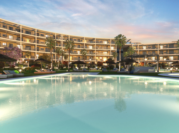 Illustrated communal swimming pool at dusk