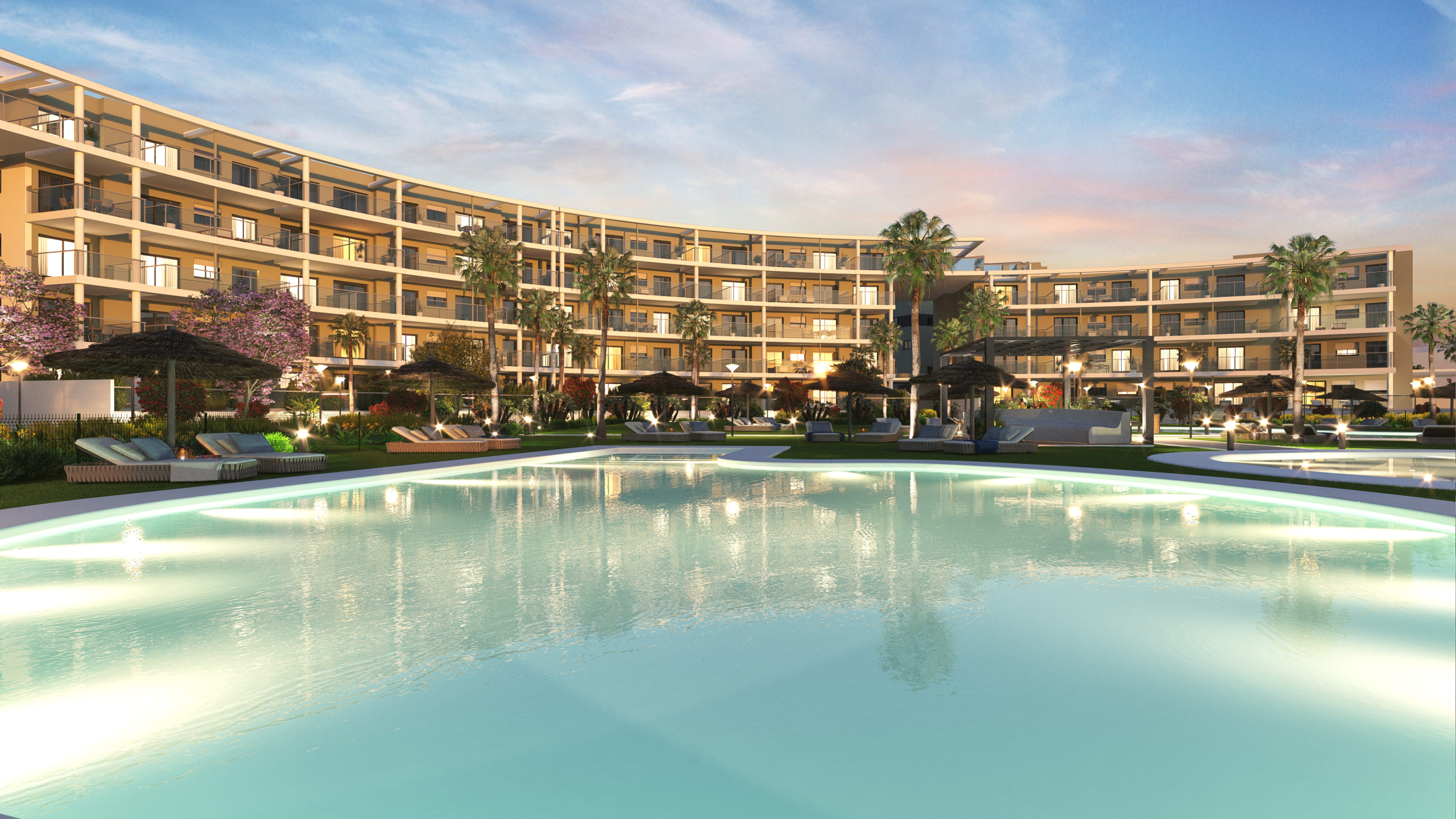 Illustrated communal swimming pool at dusk