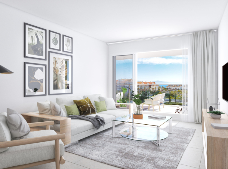 Representative apartment living room opening onto a terrace