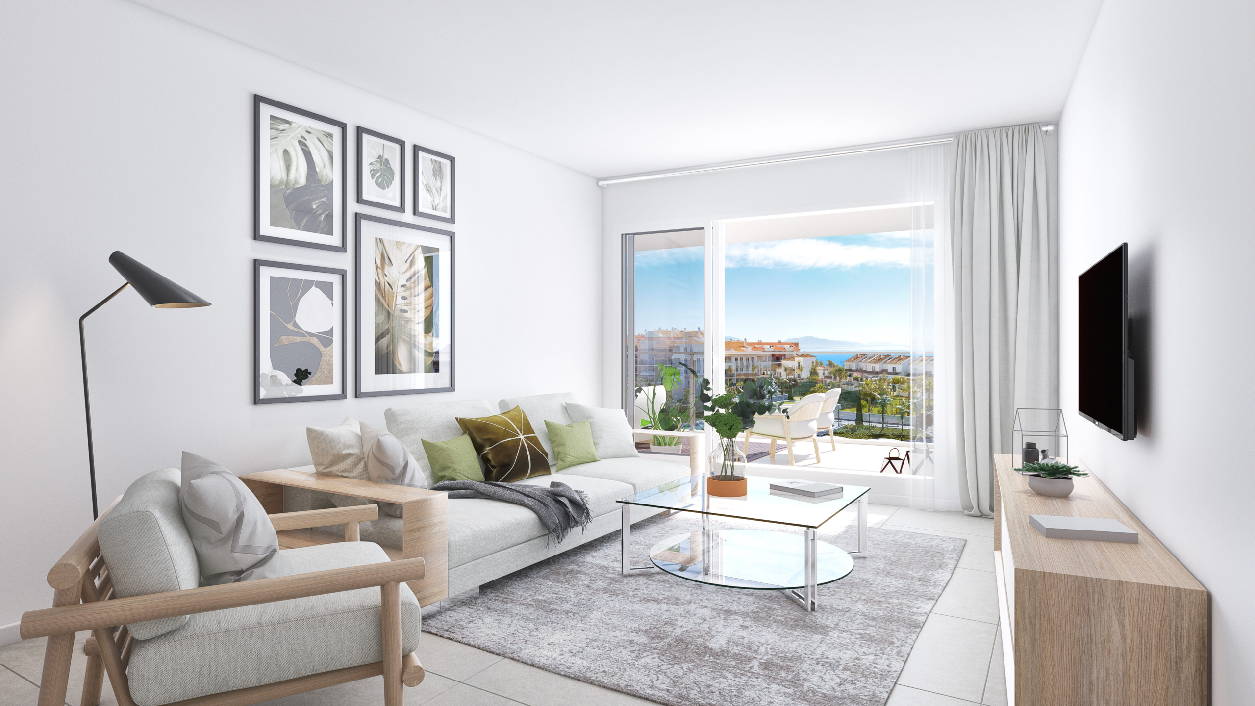 Representative apartment living room opening onto a terrace