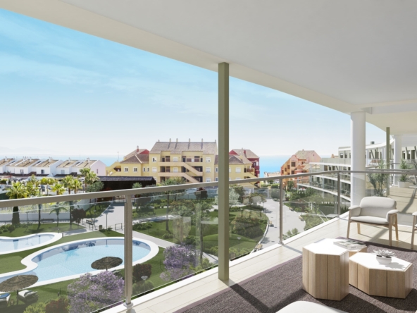 Illustrated covered terrace overlooking communal gardens