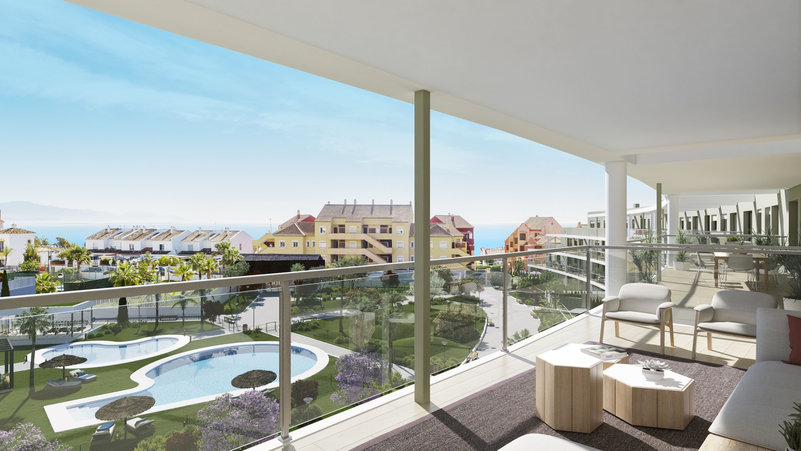 Illustrated covered terrace overlooking communal gardens