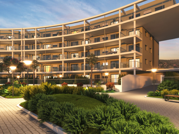 Architectural illustration of the buildings at sunset