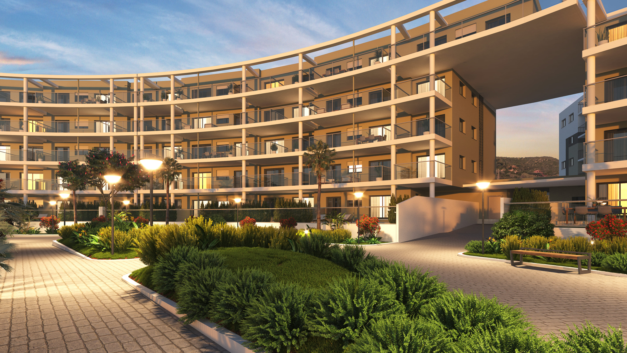 Architectural illustration of the buildings at sunset
