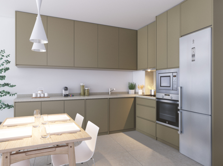 Illustrated fitted kitchen and dining area