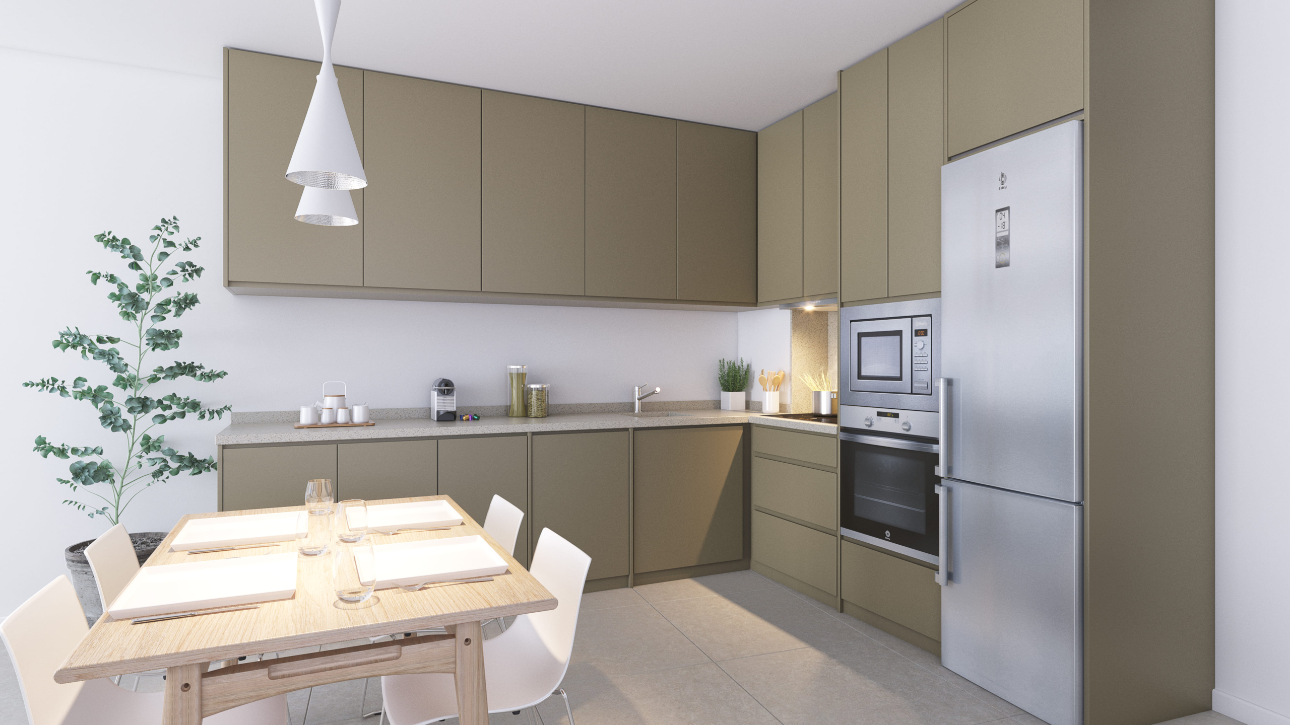 Illustrated fitted kitchen and dining area