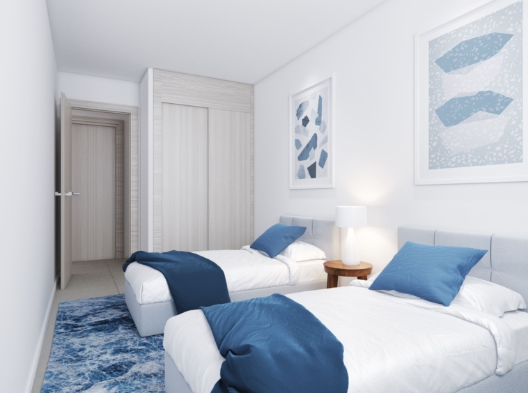 Illustrated twin bedroom with fitted wardrobes