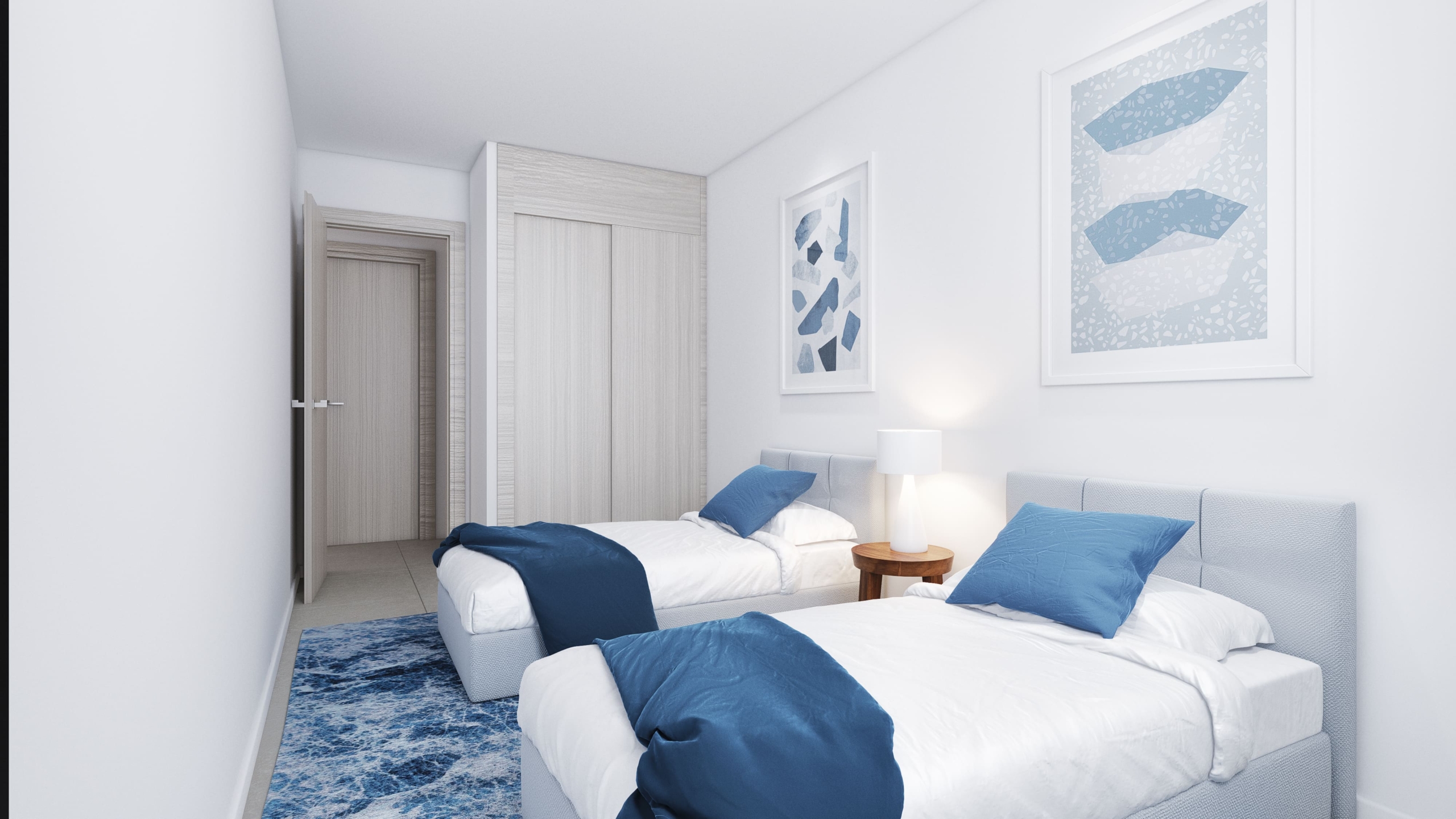 Illustrated twin bedroom with fitted wardrobes