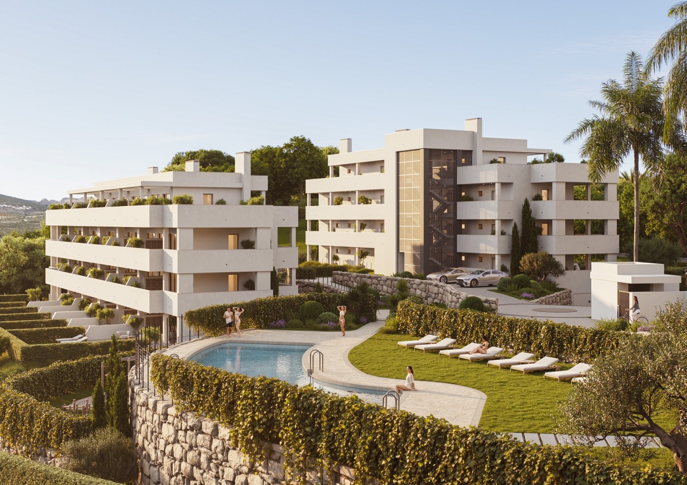 Illustrative shared pool and residential buildings