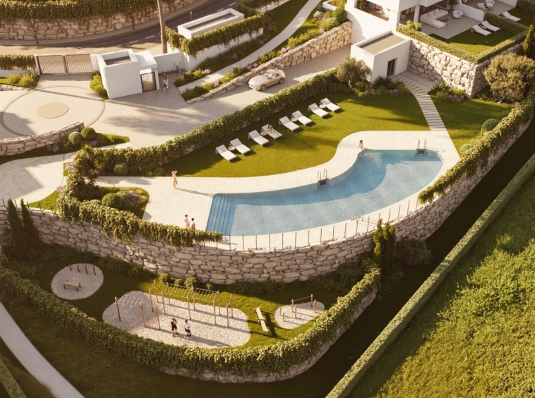 Illustrative shared swimming pool and landscaped gardens