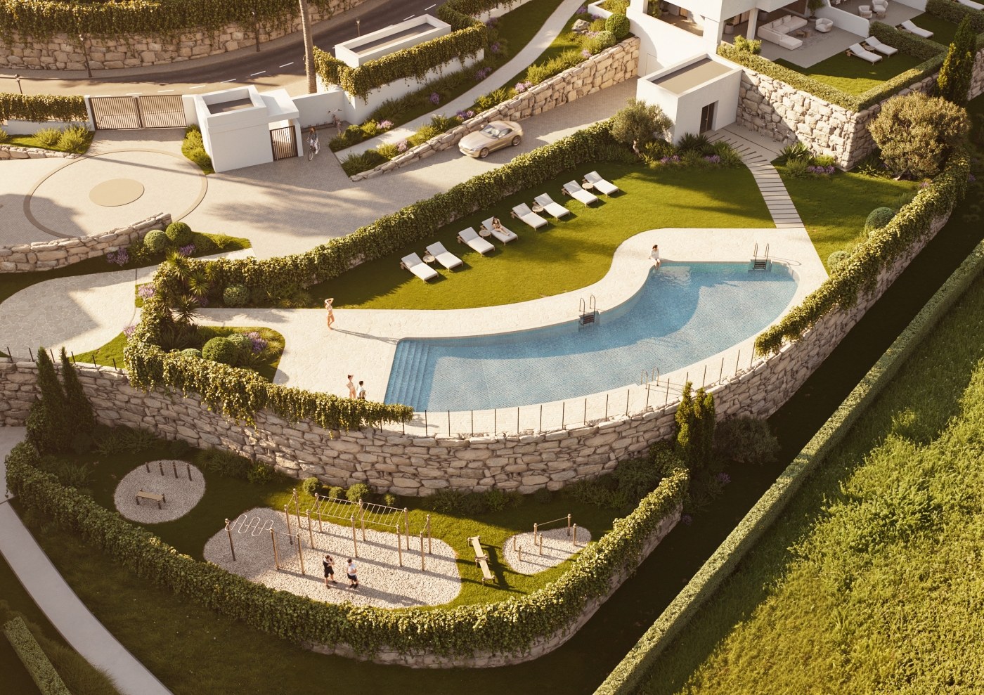 Illustrative shared swimming pool and landscaped gardens