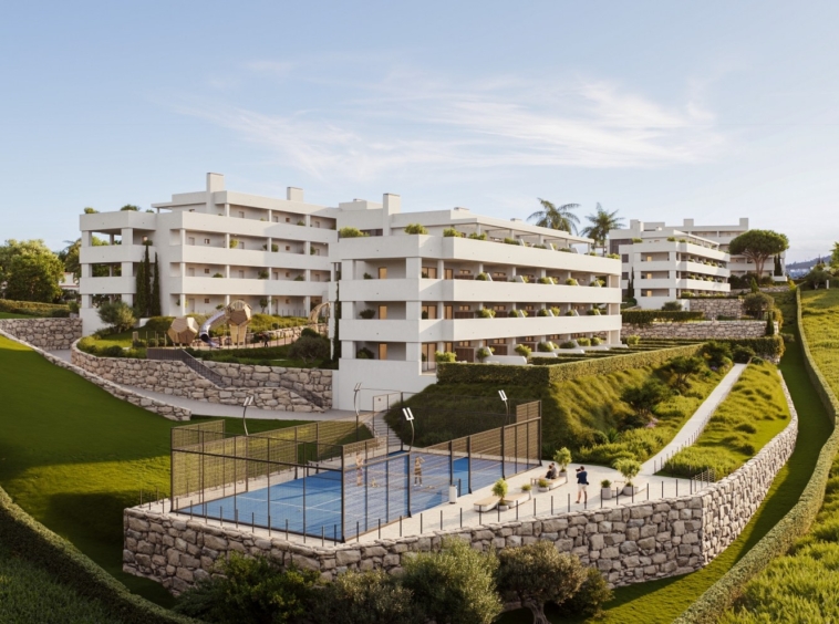 Illustrative shared padel court and apartment buildings