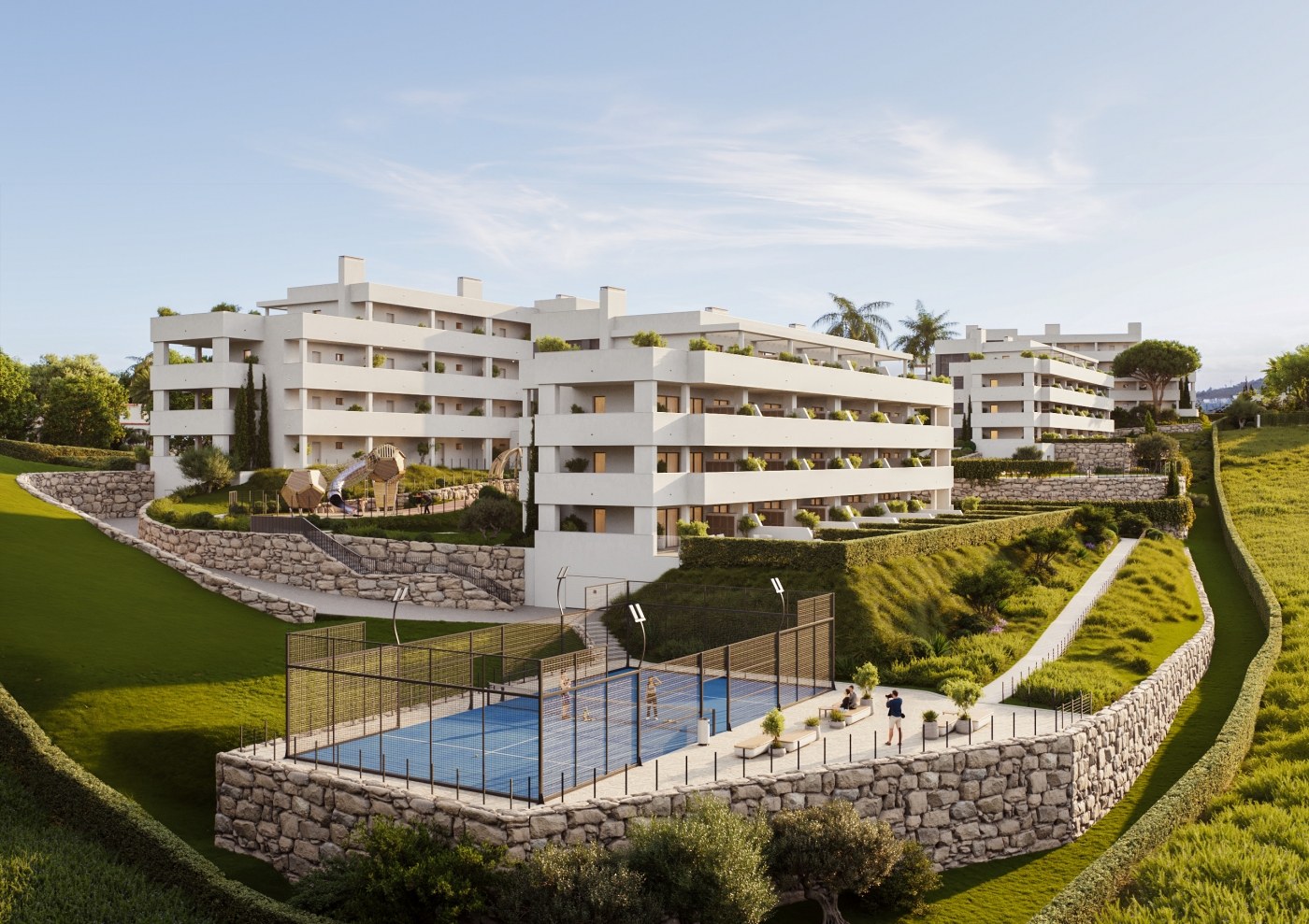 Illustrative shared padel court and apartment buildings