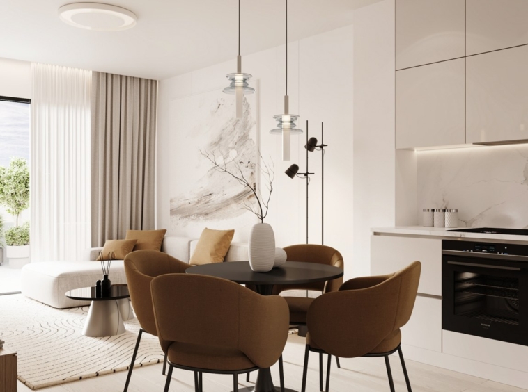 Illustrative open living room and fitted kitchen