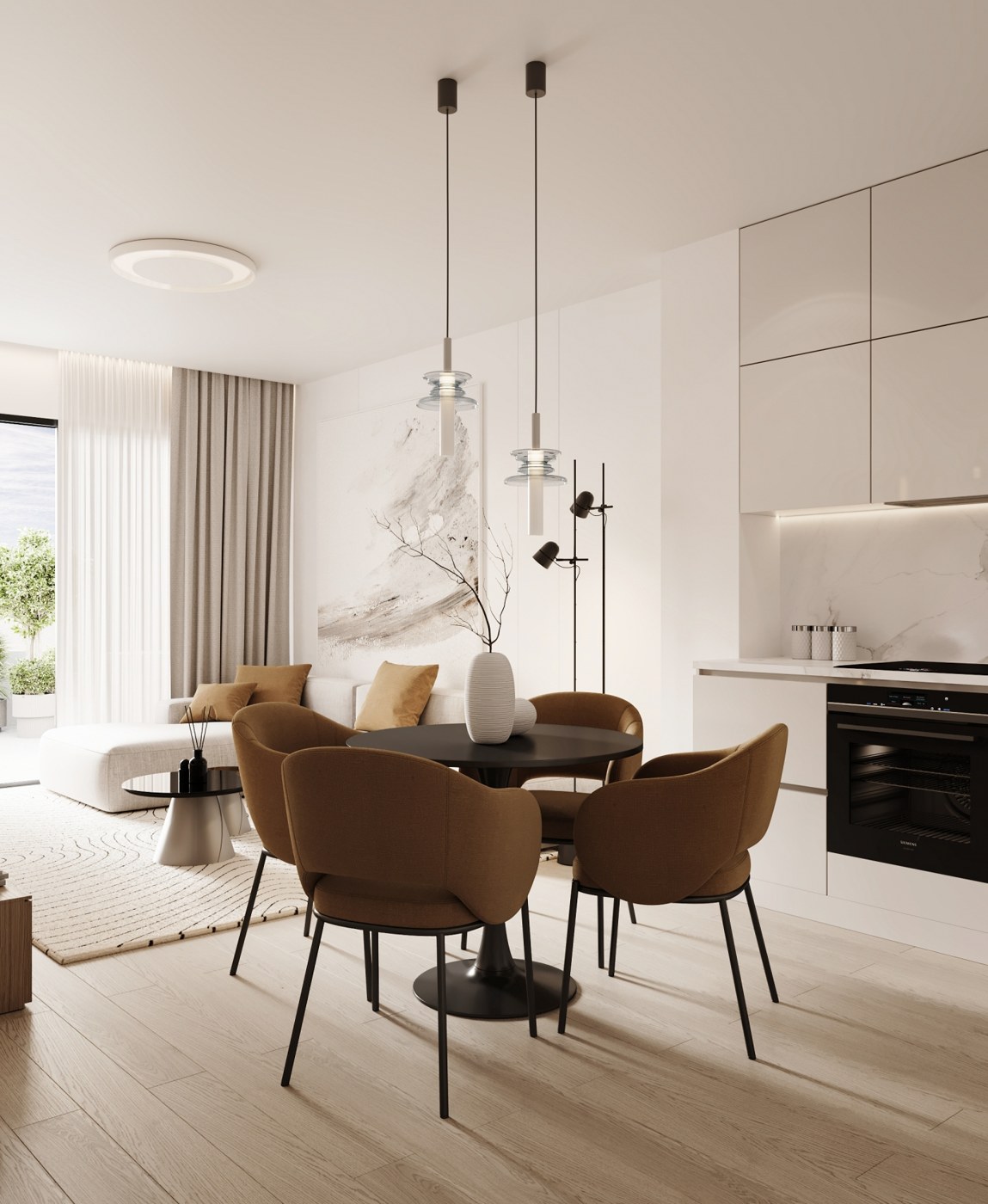Illustrative open living room and fitted kitchen