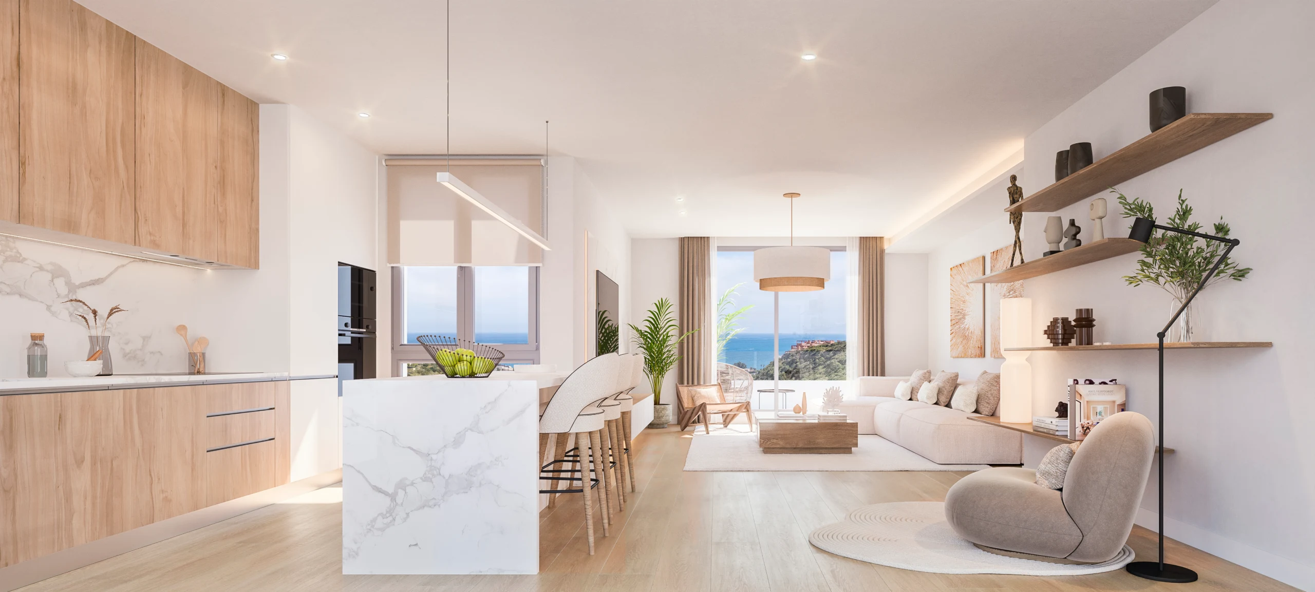 Representative visualisation of an open living room and kitchen