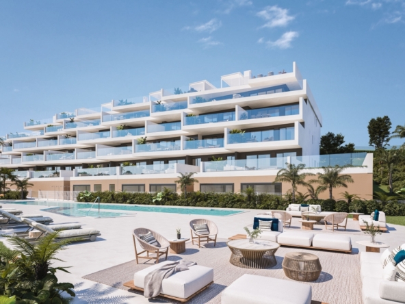 Illustrative shared pool and apartments in Manilva