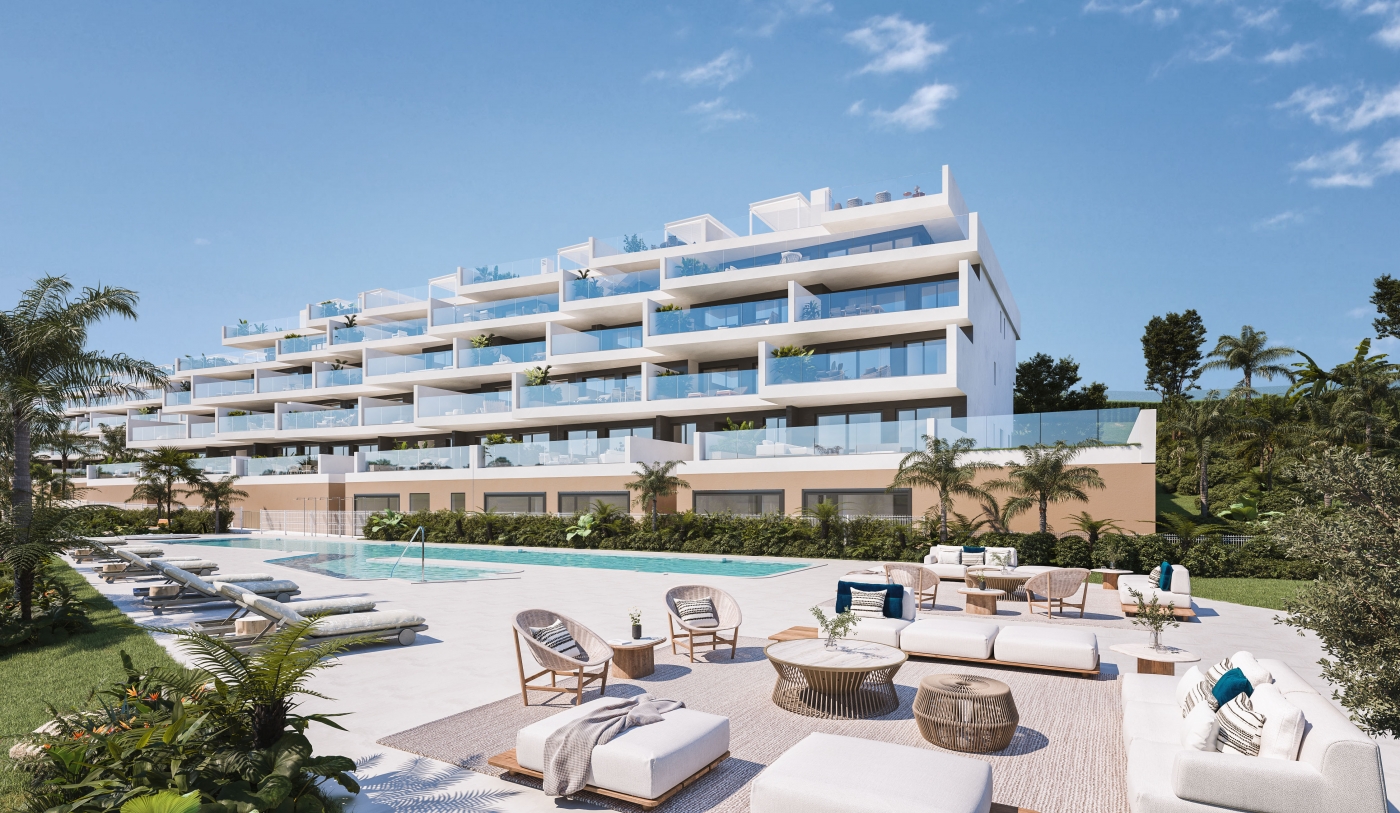 Illustrative shared pool and apartments in Manilva